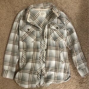 Altar'd State Plaid Button-Down Soft Shirt Jacket in Gray/Green and Brown